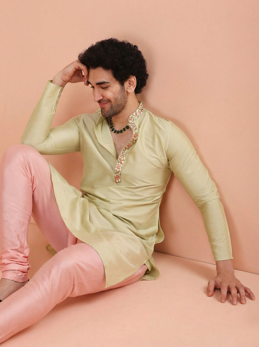 Beige Silk Blend Embroidered Kurta Churidar Set