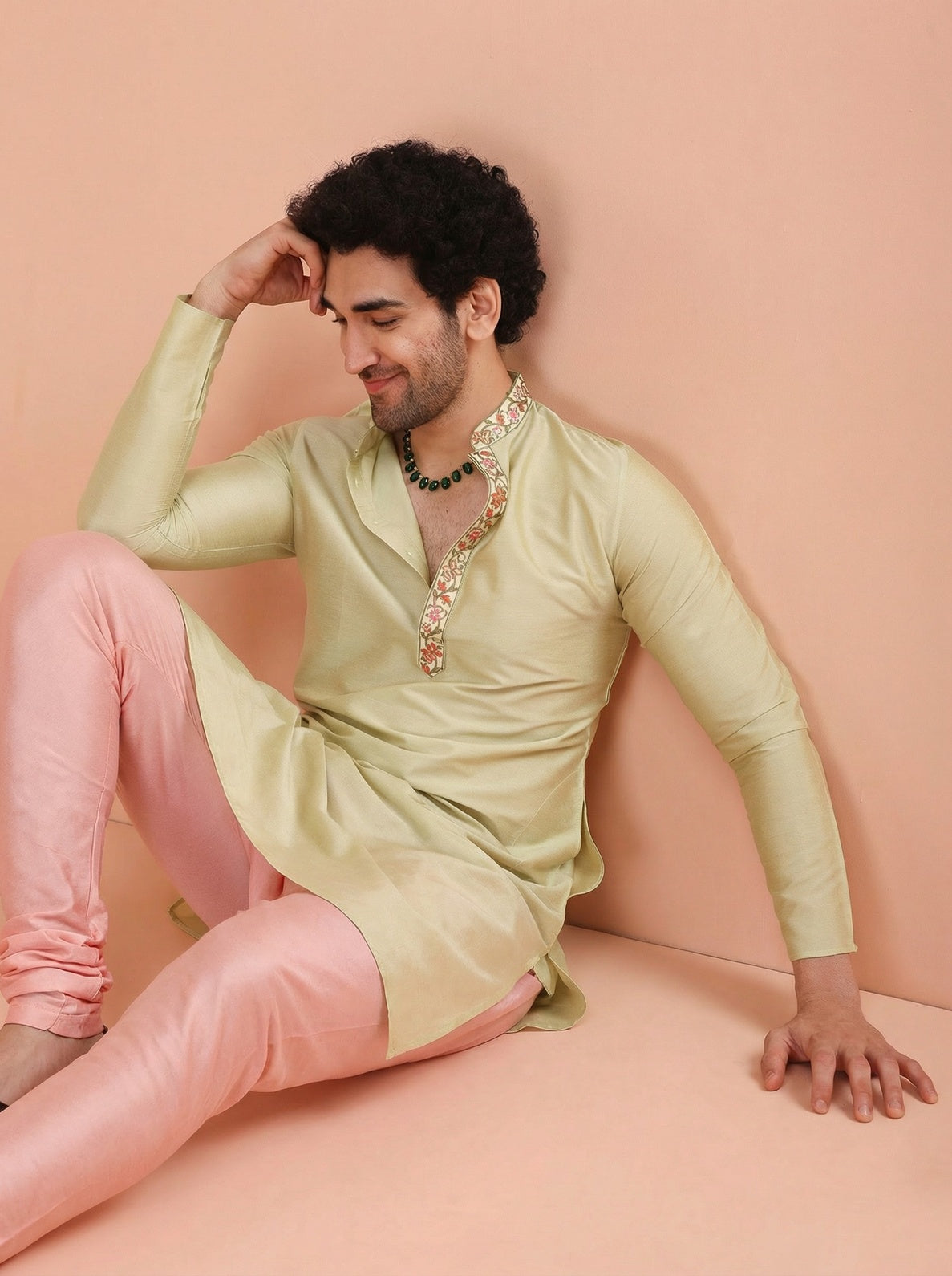 Beige Silk Blend Embroidered Kurta Churidar Set