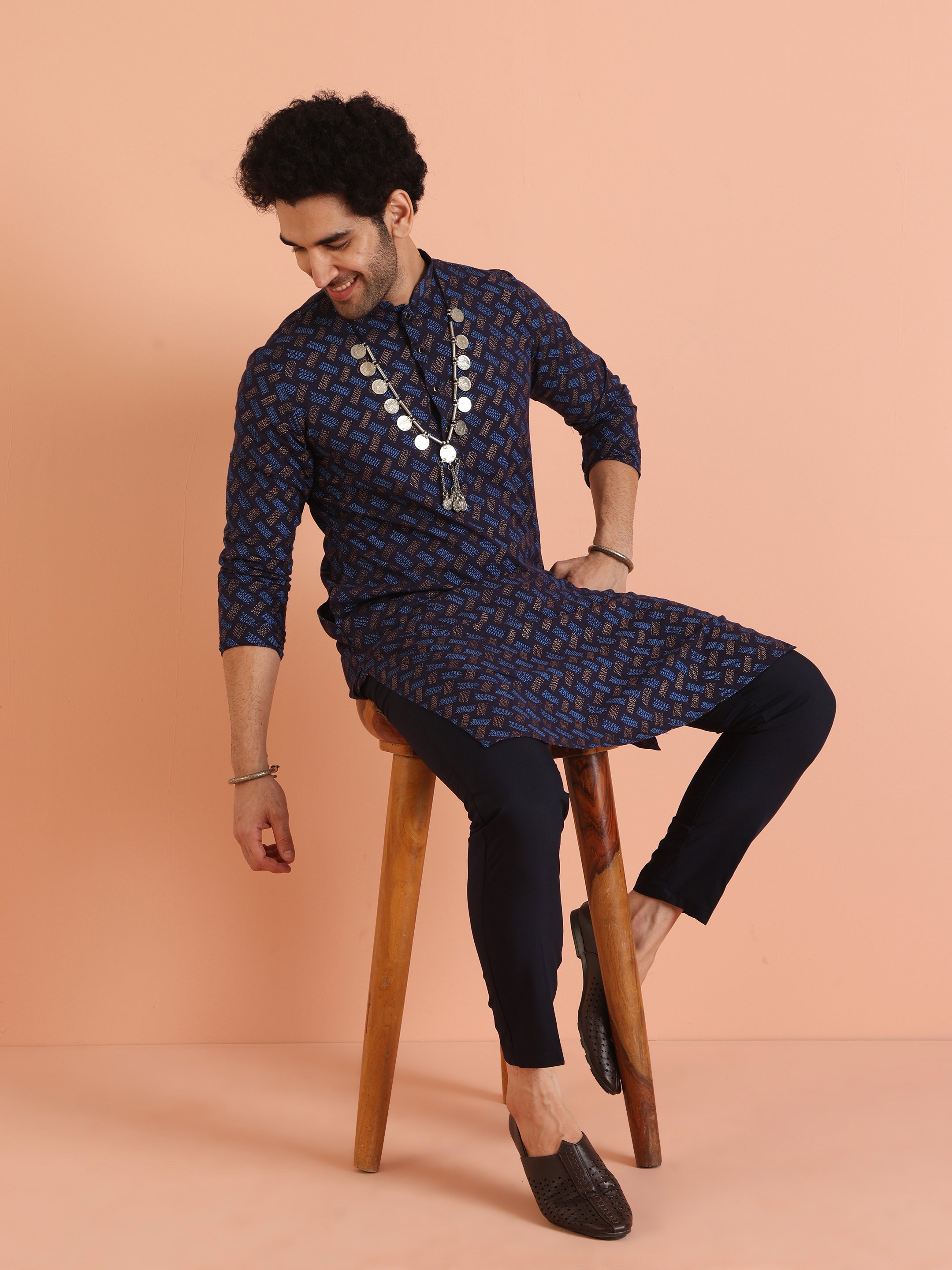 Blue Pure Cotton Printed Kurta Trouser Set