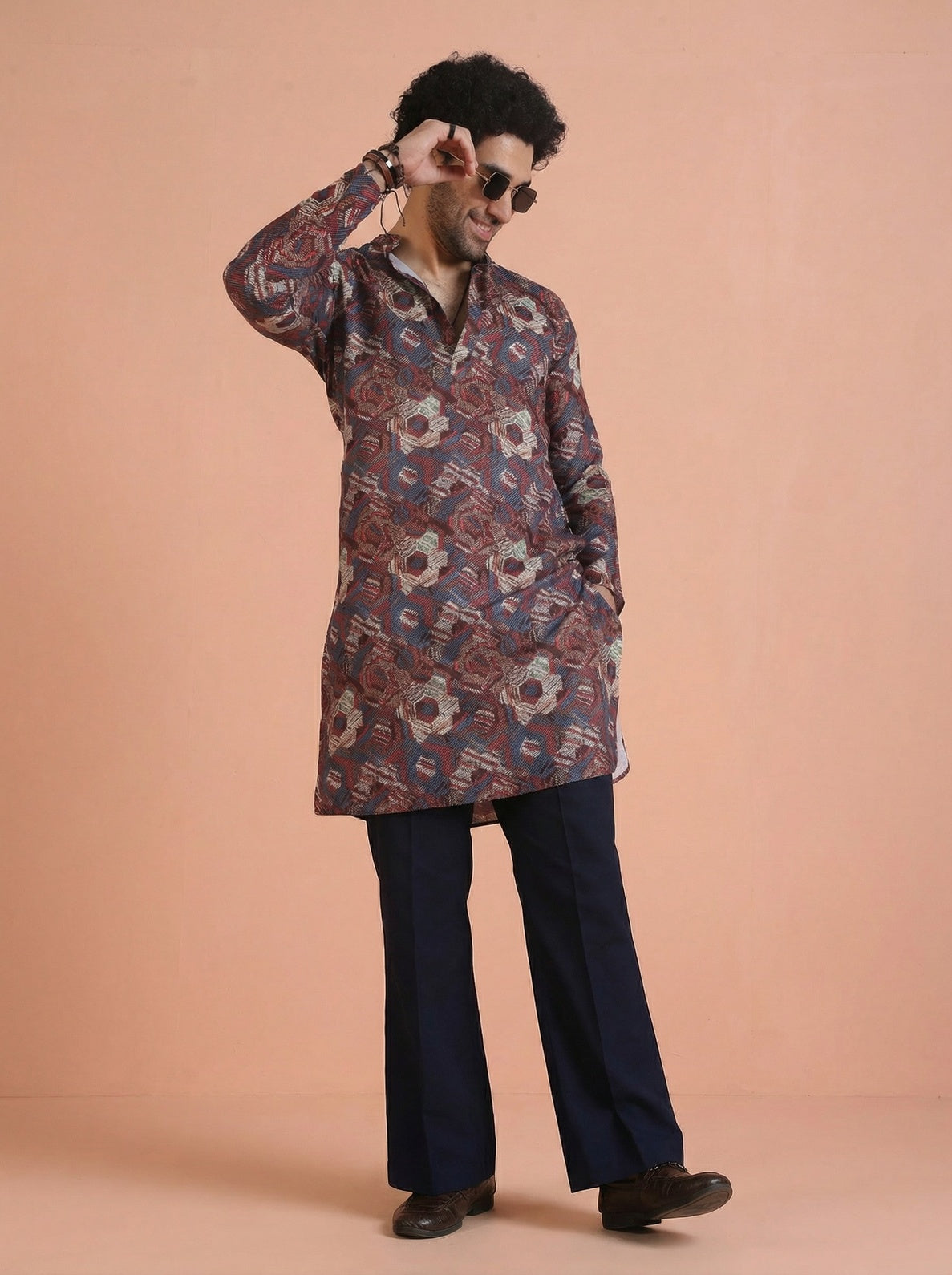 Maroon Cotton Blend Printed Kurta Wide Leg Trouser Set