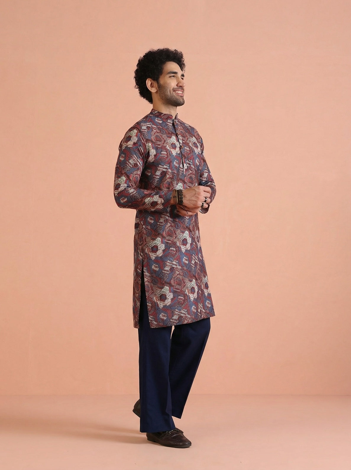 Maroon Cotton Blend Printed Kurta Wide Leg Trouser Set