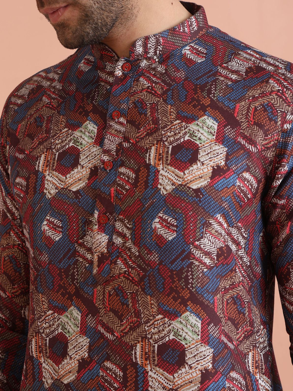 Maroon Cotton Blend Printed Kurta Wide Leg Trouser Set