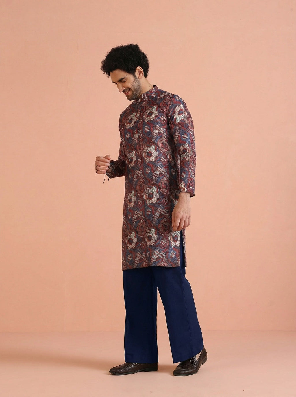 Maroon Cotton Blend Printed Kurta Wide Leg Trouser Set