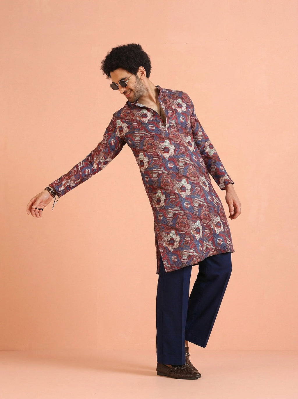 Maroon Cotton Blend Printed Kurta Wide Leg Trouser Set