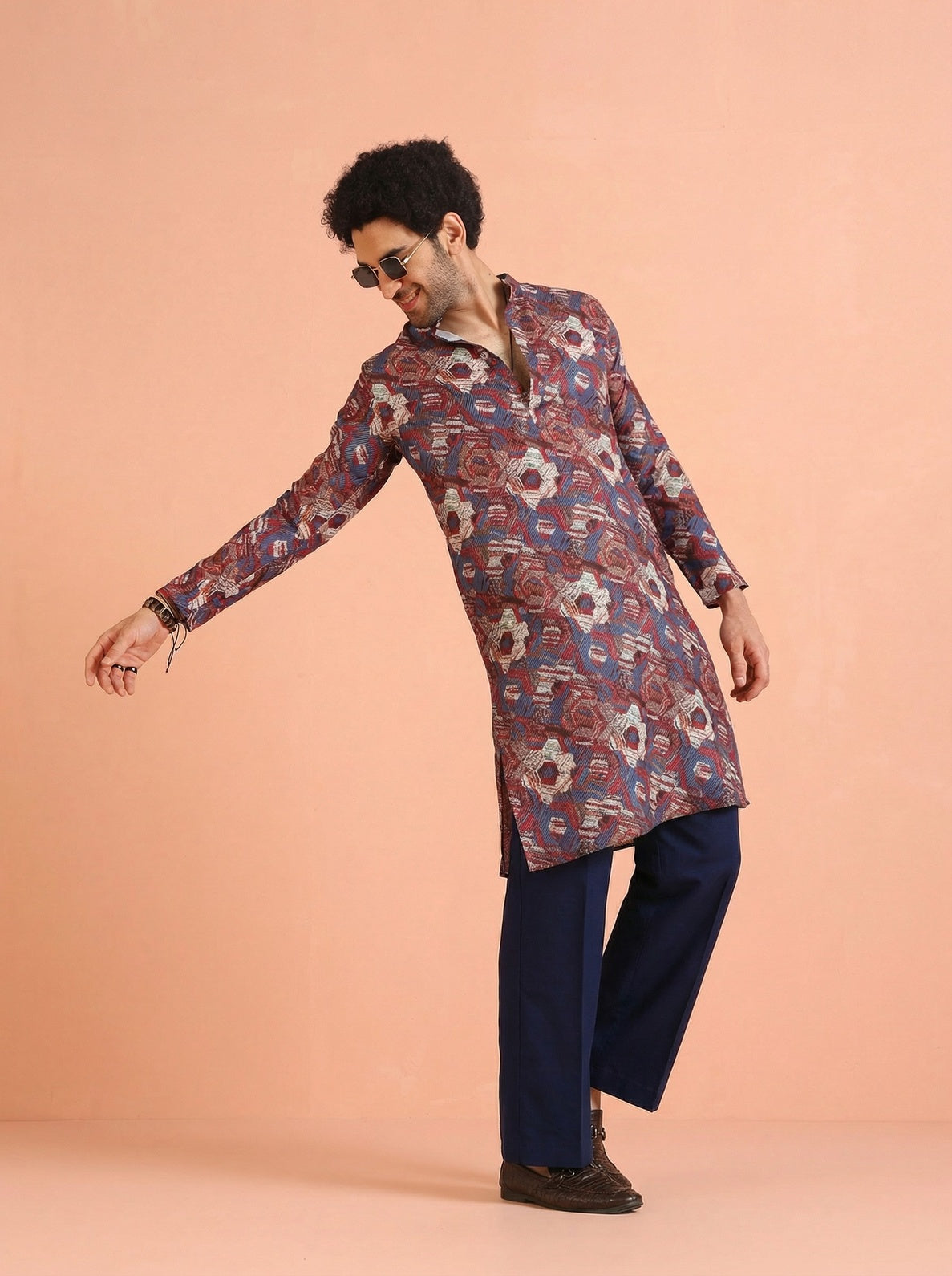 Maroon Cotton Blend Printed Kurta Wide Leg Trouser Set