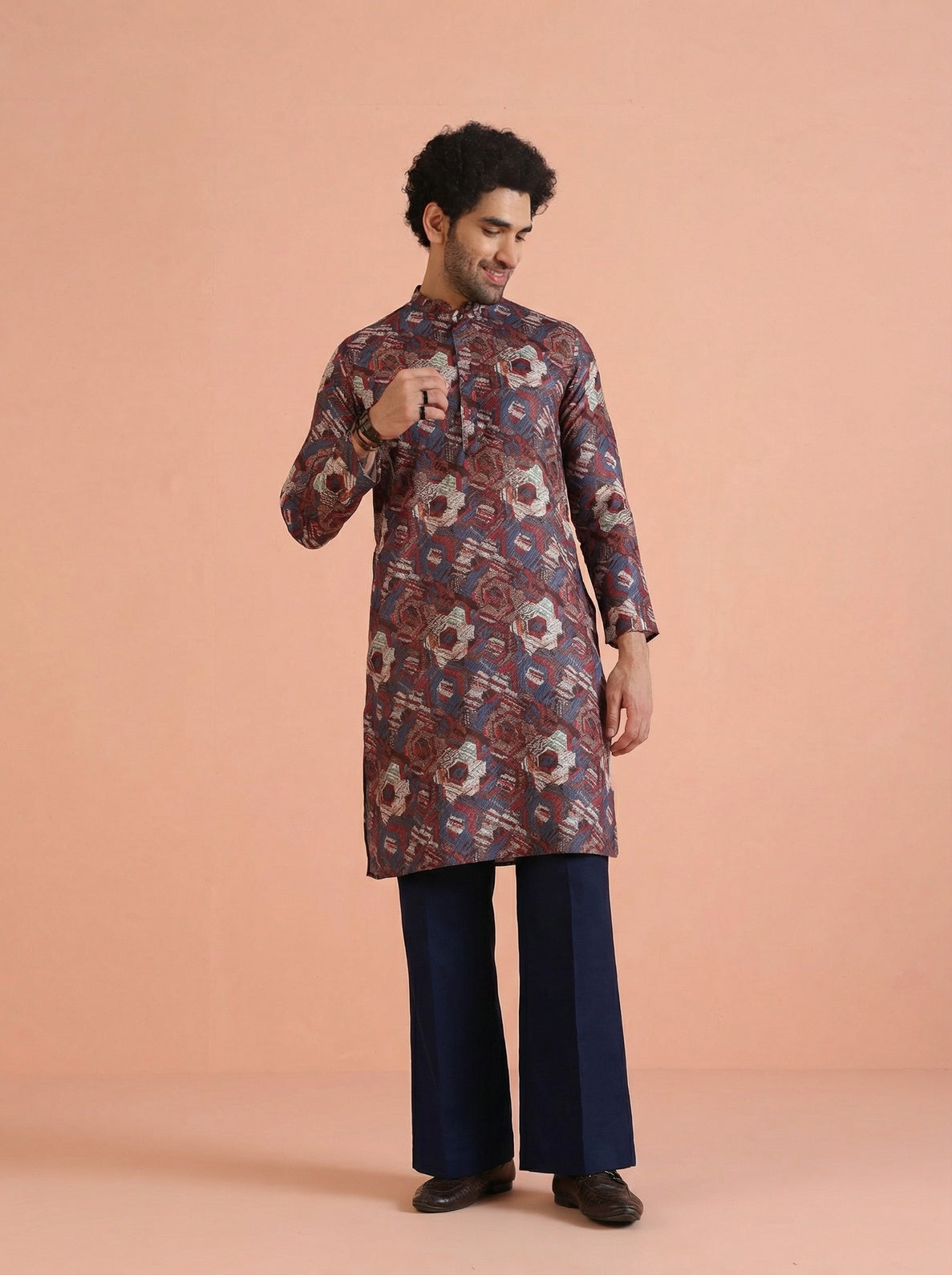 Maroon Cotton Blend Printed Kurta Wide Leg Trouser Set