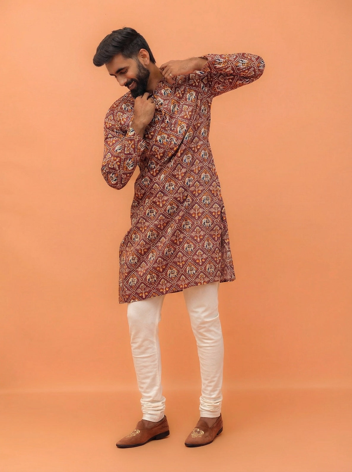 Onion Pink Cotton Blend Printed Kurta Churidar Set