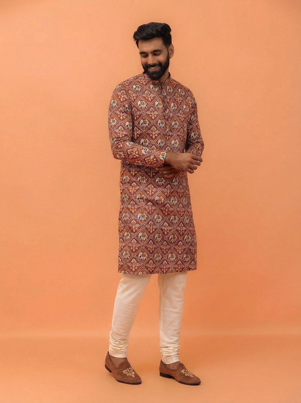 Onion Pink Cotton Blend Printed Kurta Churidar Set