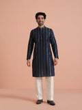 Navy Blue Cotton Blend Textured Kurta Wide Leg Trouser Set