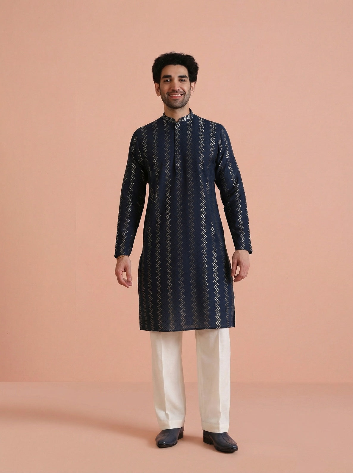 Navy Blue Cotton Blend Textured Kurta Wide Leg Trouser Set