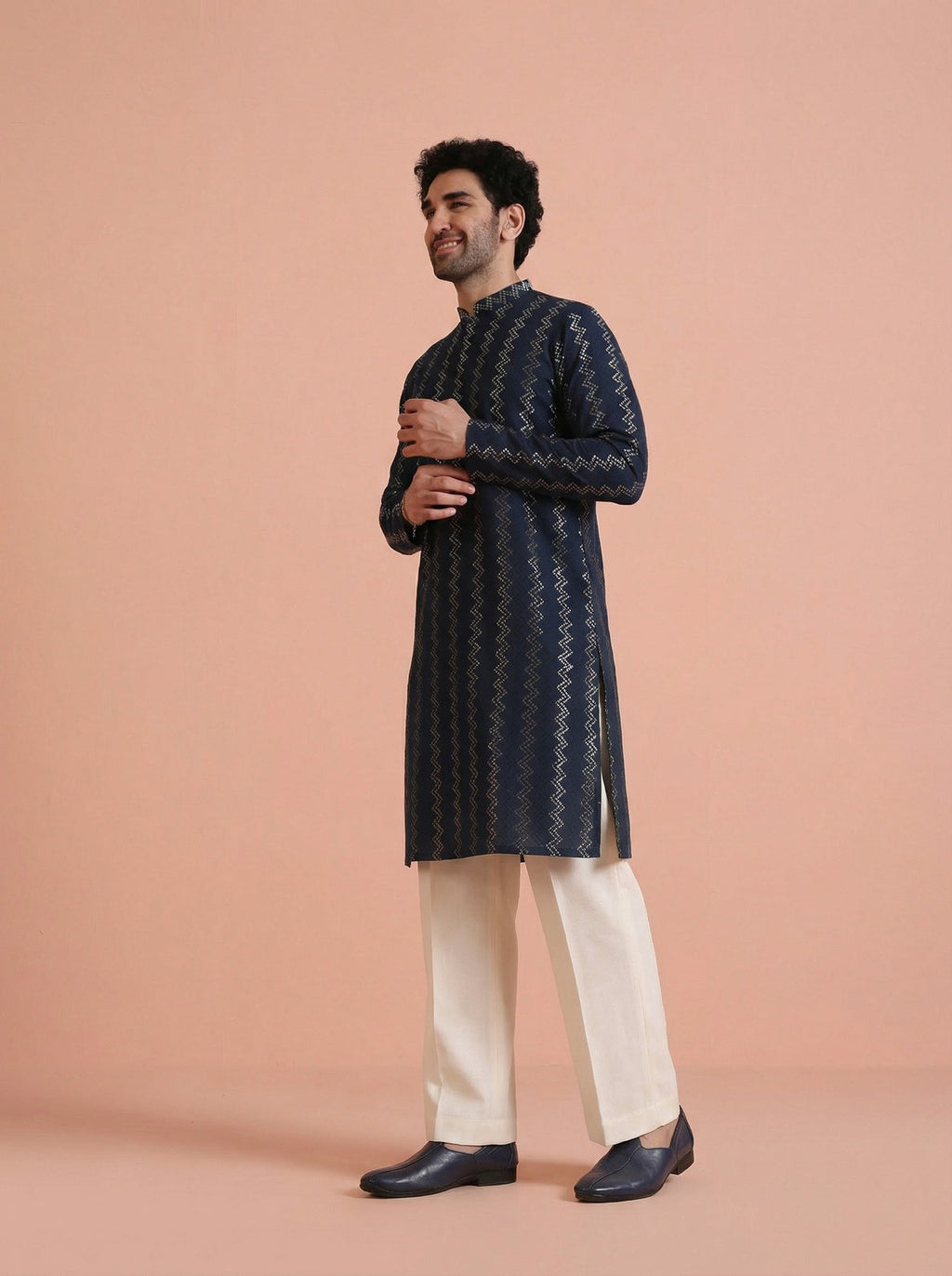 Navy Blue Cotton Blend Textured Kurta Wide Leg Trouser Set