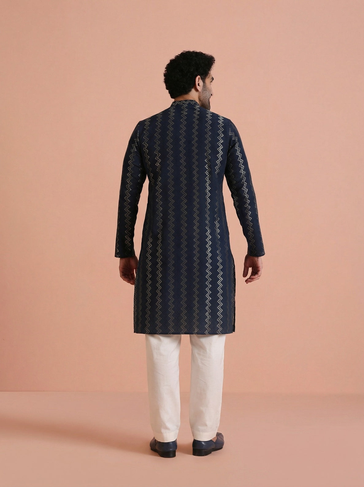 Navy Blue Cotton Blend Textured Kurta Wide Leg Trouser Set