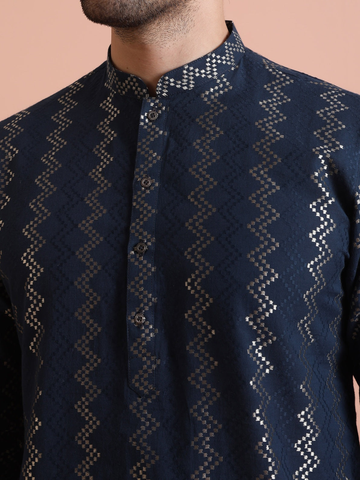 Navy Blue Cotton Blend Textured Kurta Wide Leg Trouser Set