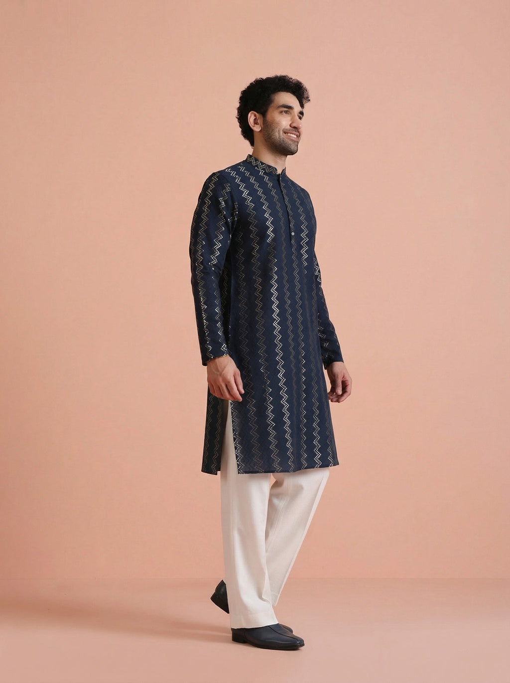 Navy Blue Cotton Blend Textured Kurta Wide Leg Trouser Set