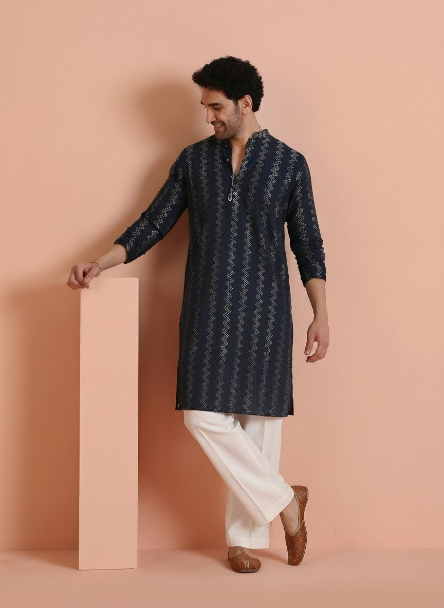 Navy Blue Cotton Blend Textured Kurta Wide Leg Trouser Set