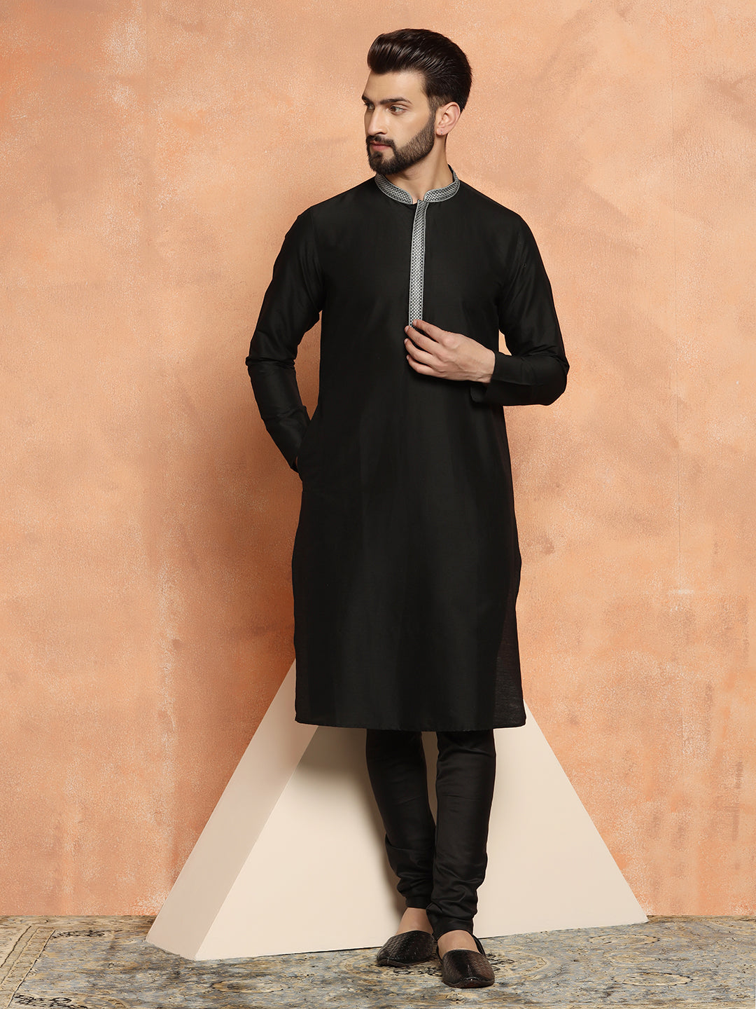 Black Cotton Blend Solid Kurta Churidar Set