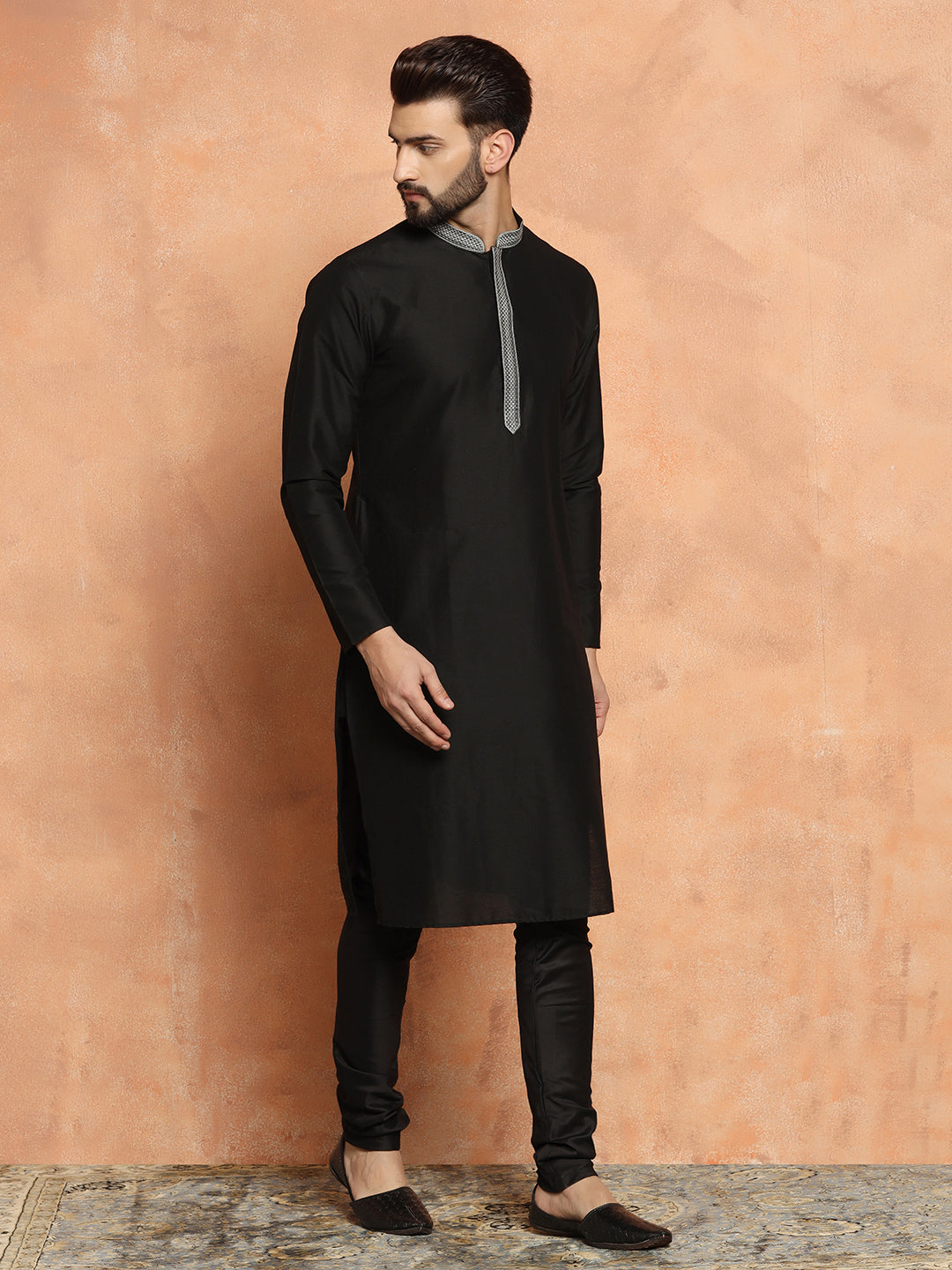 Black Cotton Blend Solid Kurta Churidar Set