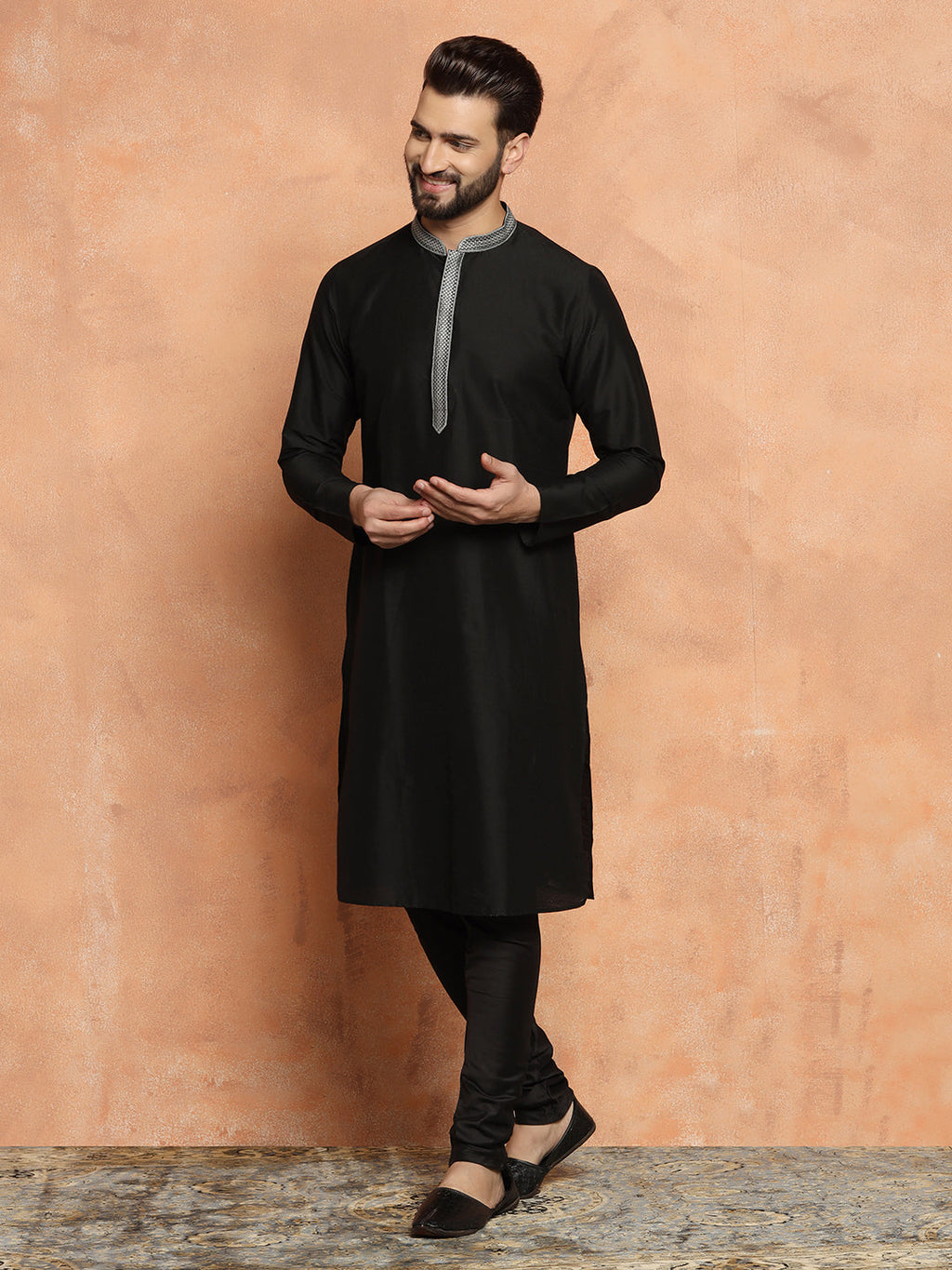 Black Cotton Blend Solid Kurta Churidar Set