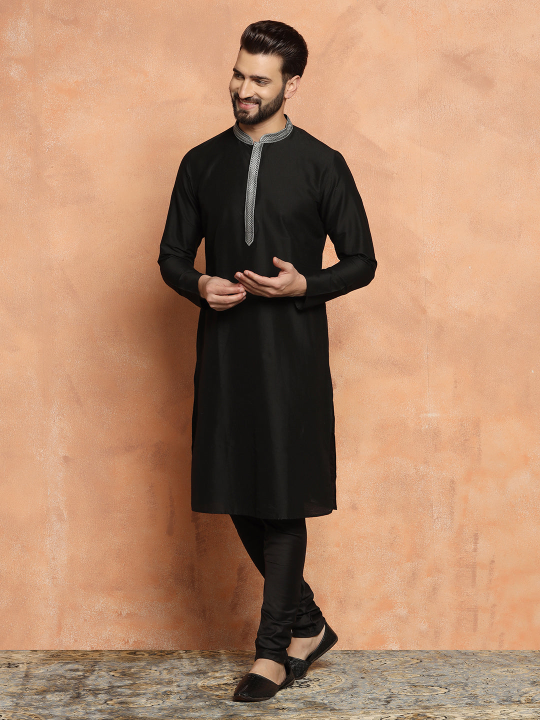 Black Cotton Blend Solid Kurta Churidar Set