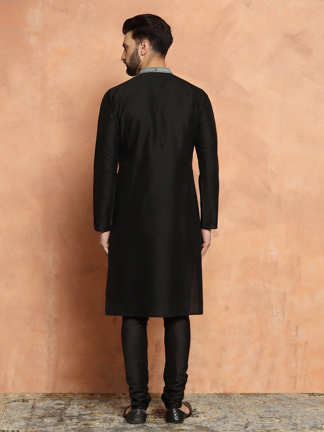 Black Cotton Blend Solid Kurta Churidar Set