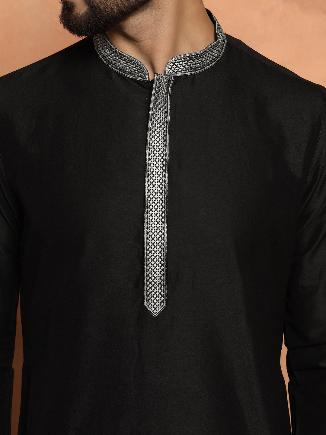 Black Cotton Blend Solid Kurta Churidar Set