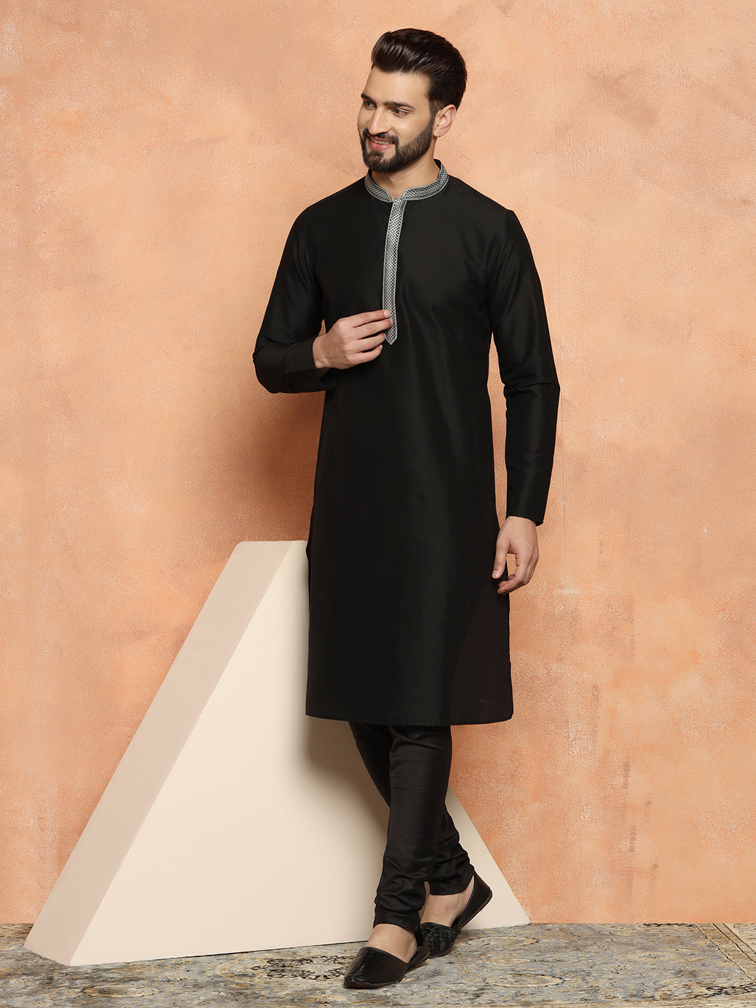 Black Cotton Blend Solid Kurta Churidar Set