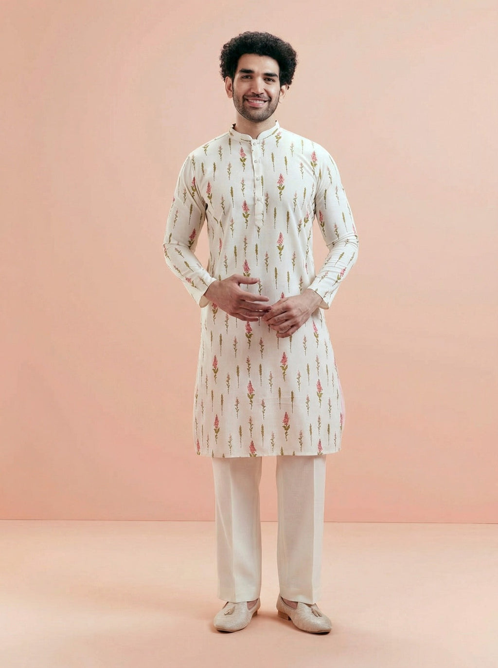 Cream Cotton Blend Printed Kurta Wide Leg Trouser Set