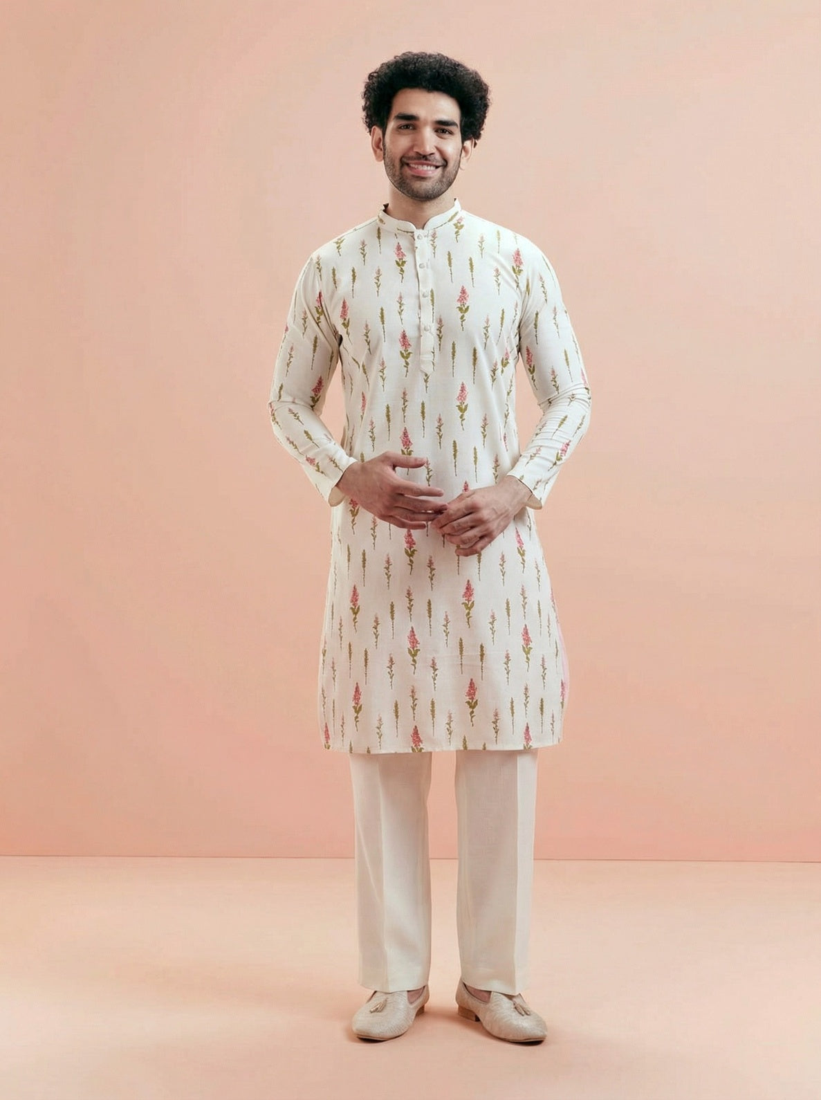 Cream Cotton Blend Printed Kurta Wide Leg Trouser Set