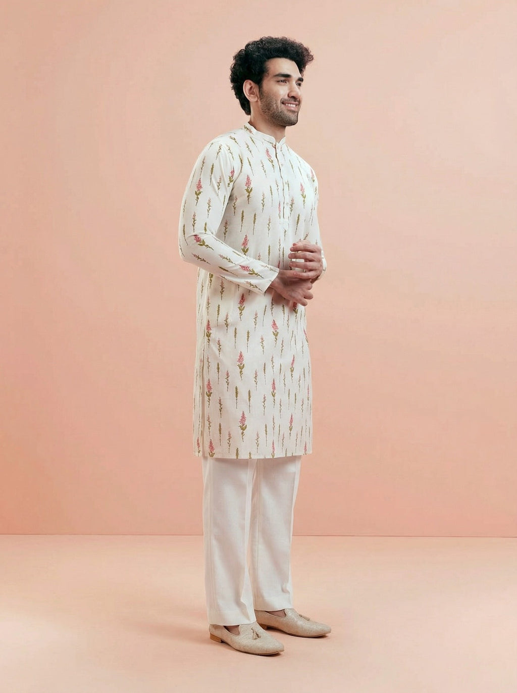 Cream Cotton Blend Printed Kurta Wide Leg Trouser Set