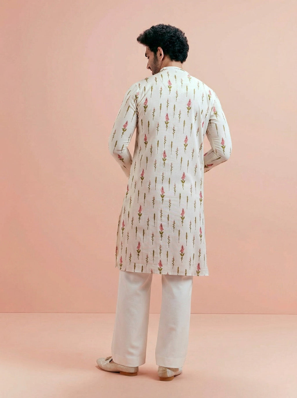 Cream Cotton Blend Printed Kurta Wide Leg Trouser Set