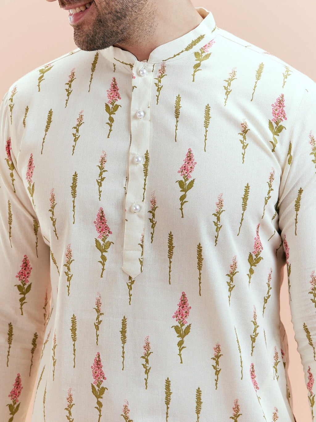 Cream Cotton Blend Printed Kurta Wide Leg Trouser Set