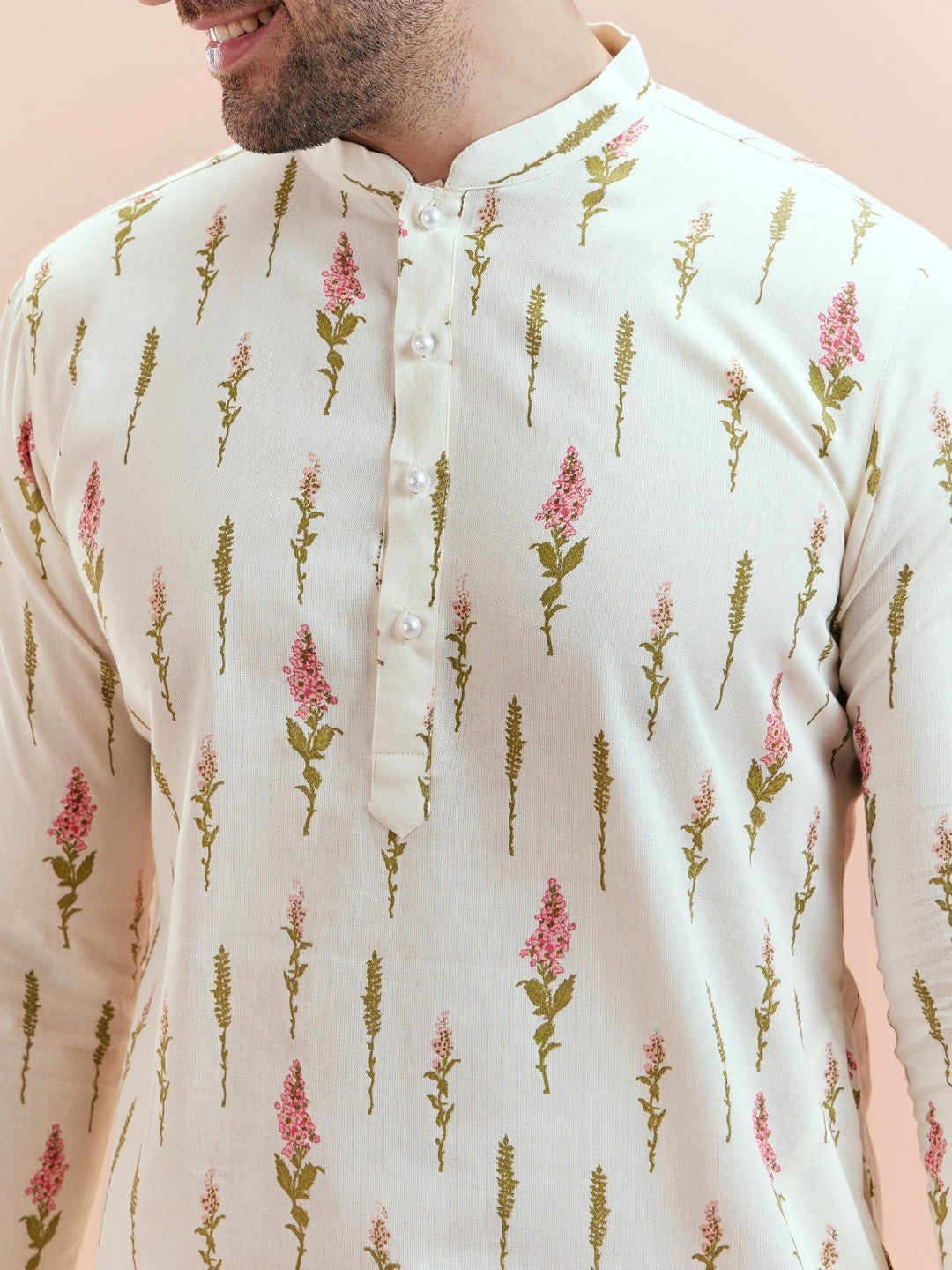 Cream Cotton Blend Printed Kurta Wide Leg Trouser Set