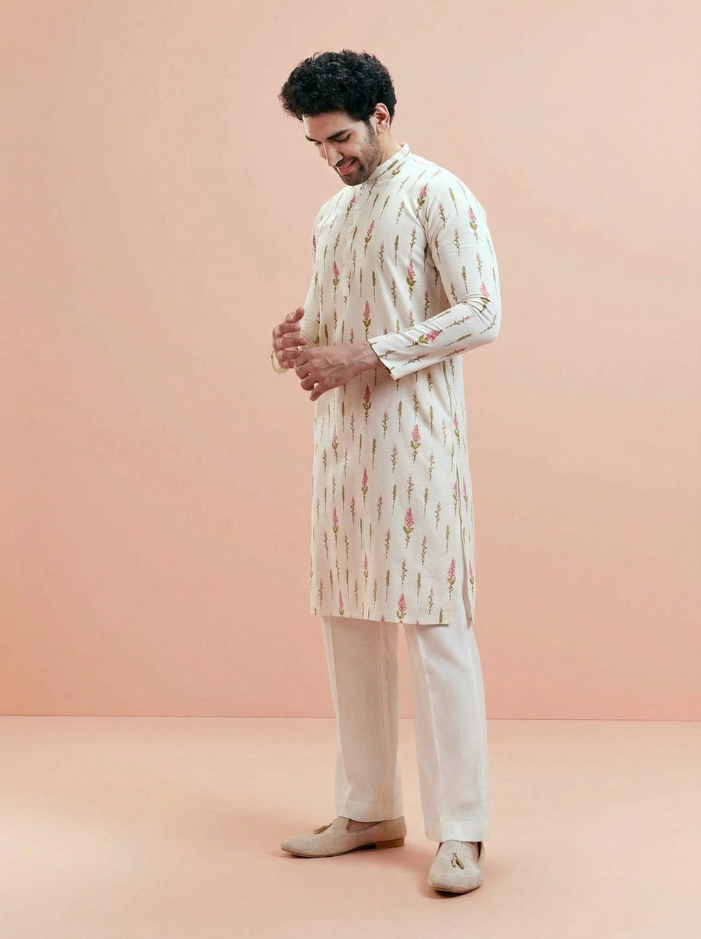 Cream Cotton Blend Printed Kurta Wide Leg Trouser Set