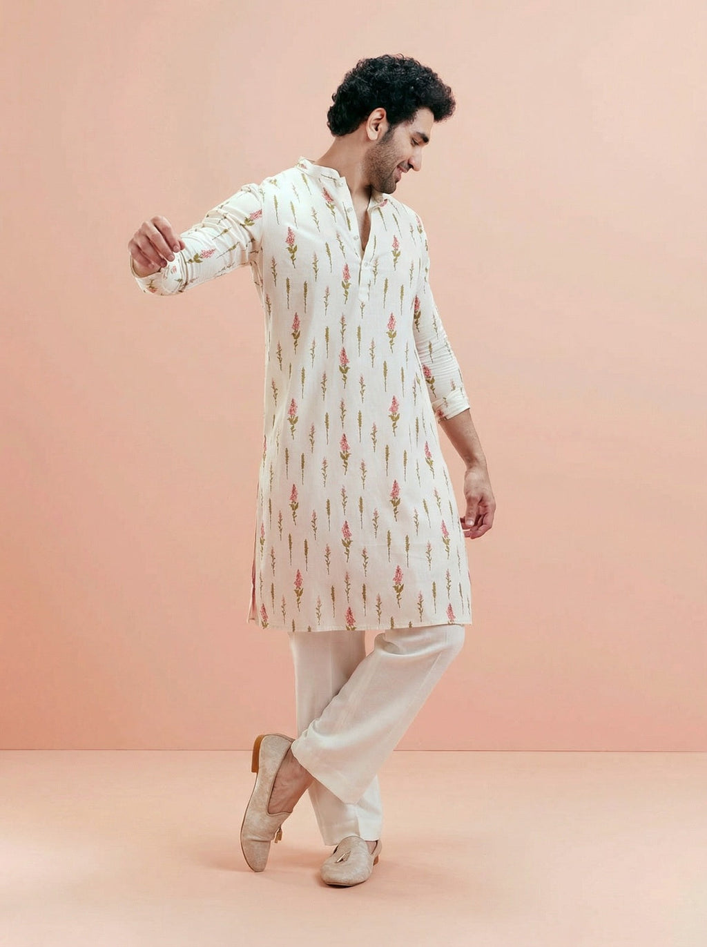 Cream Cotton Blend Printed Kurta Wide Leg Trouser Set