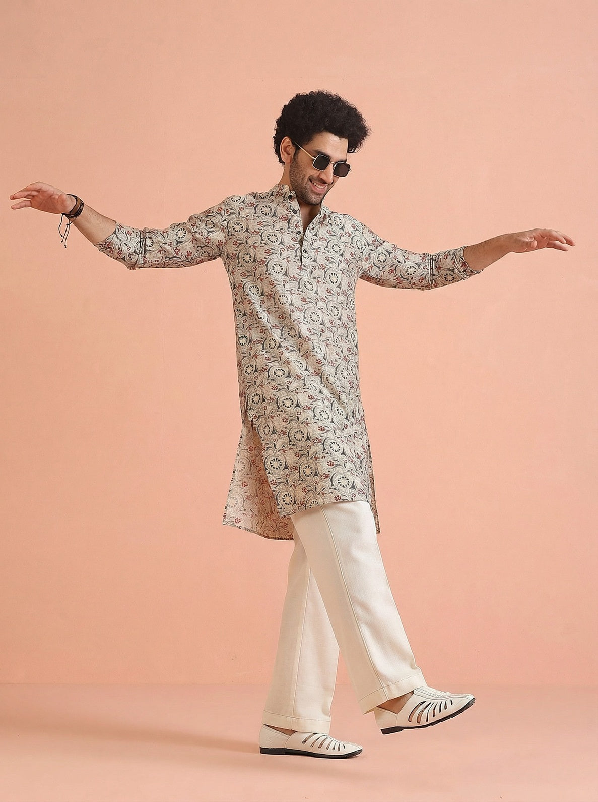 Multicolour Cotton Blend Printed Kurta Wide Leg Trouser Set
