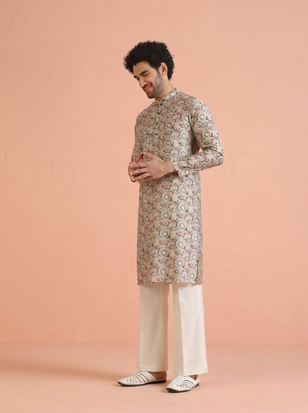 Multicolour Cotton Blend Printed Kurta Wide Leg Trouser Set