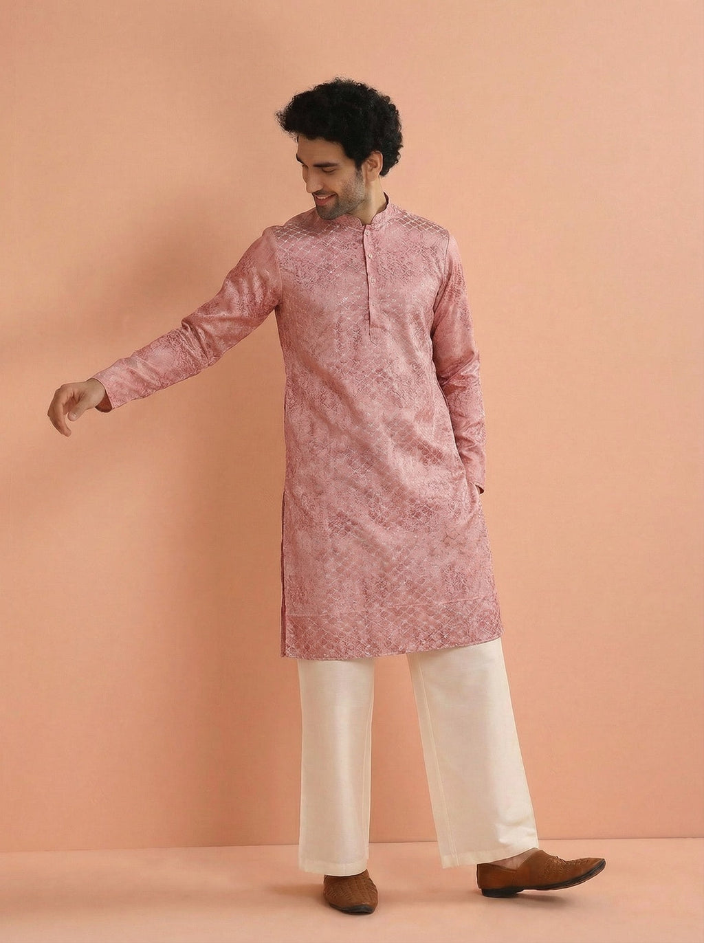 Pink Cotton Blend Embroidered Kurta Wide Leg Trouser Set