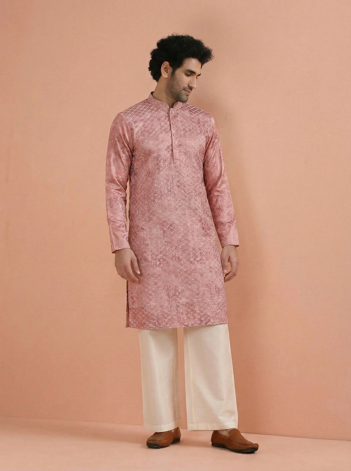 Pink Cotton Blend Embroidered Kurta Wide Leg Trouser Set
