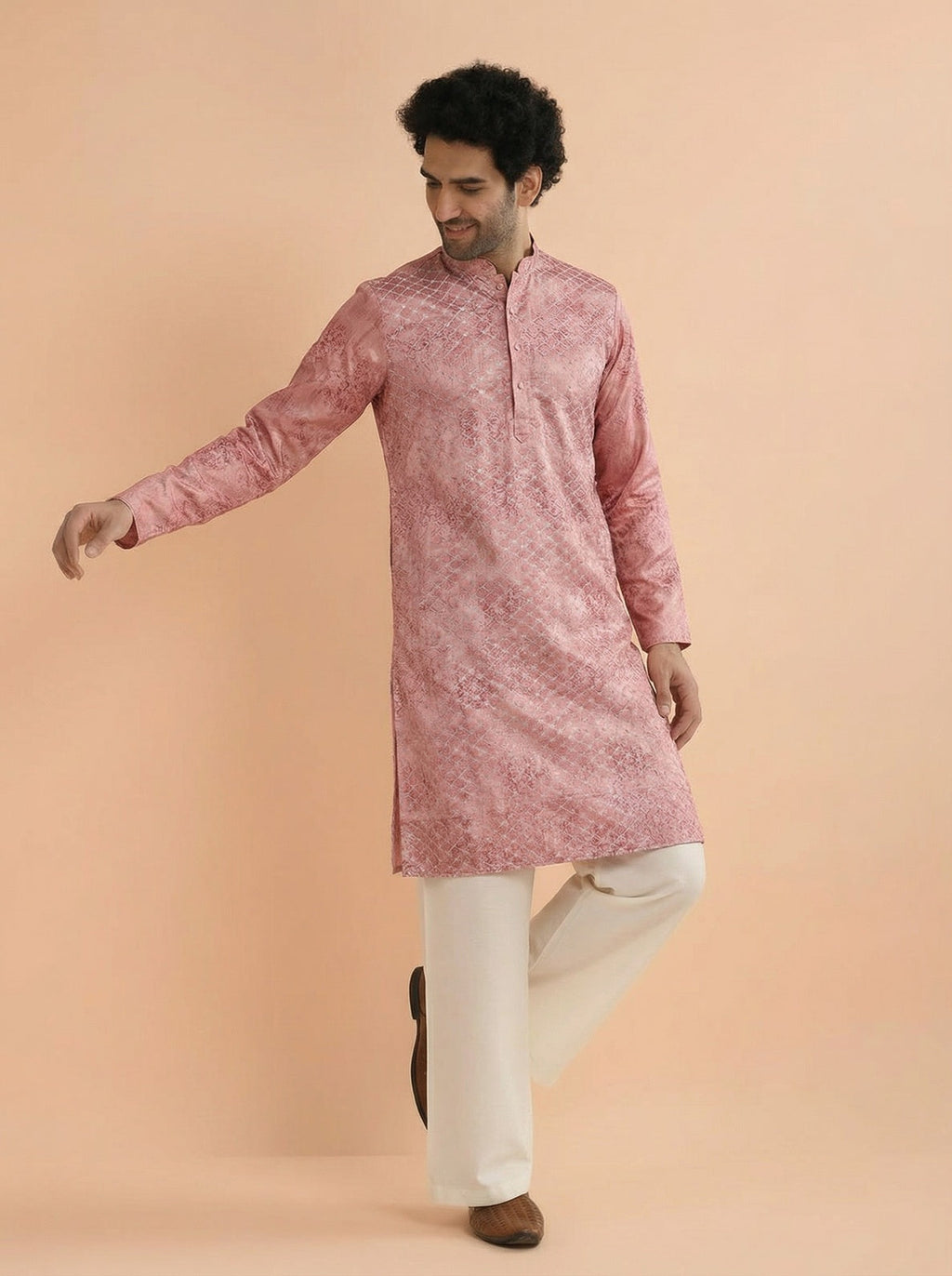 Pink Cotton Blend Embroidered Kurta Wide Leg Trouser Set