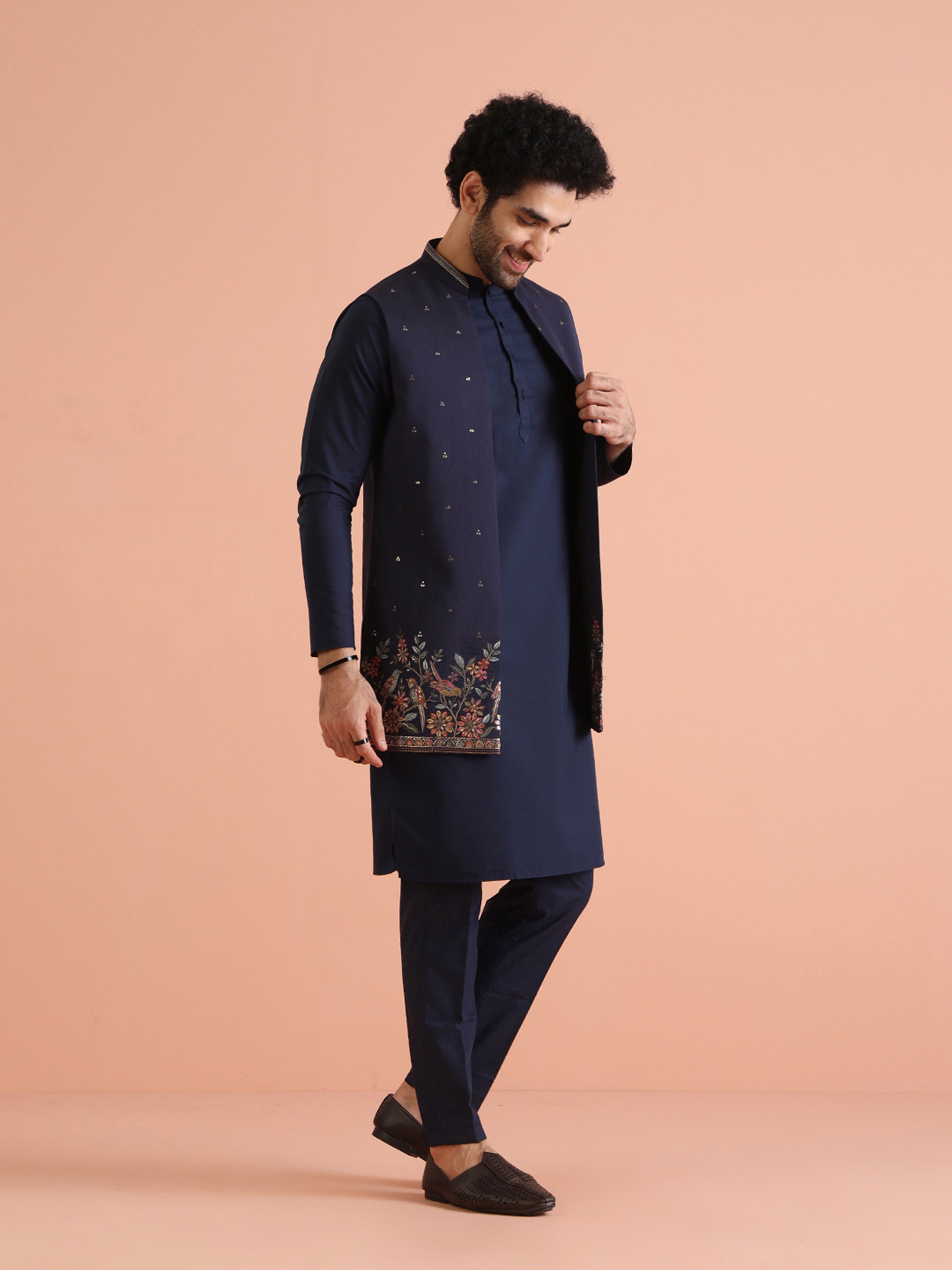 Blue Cotton Embroidered Kurta Front Open Jacket Trouser Set