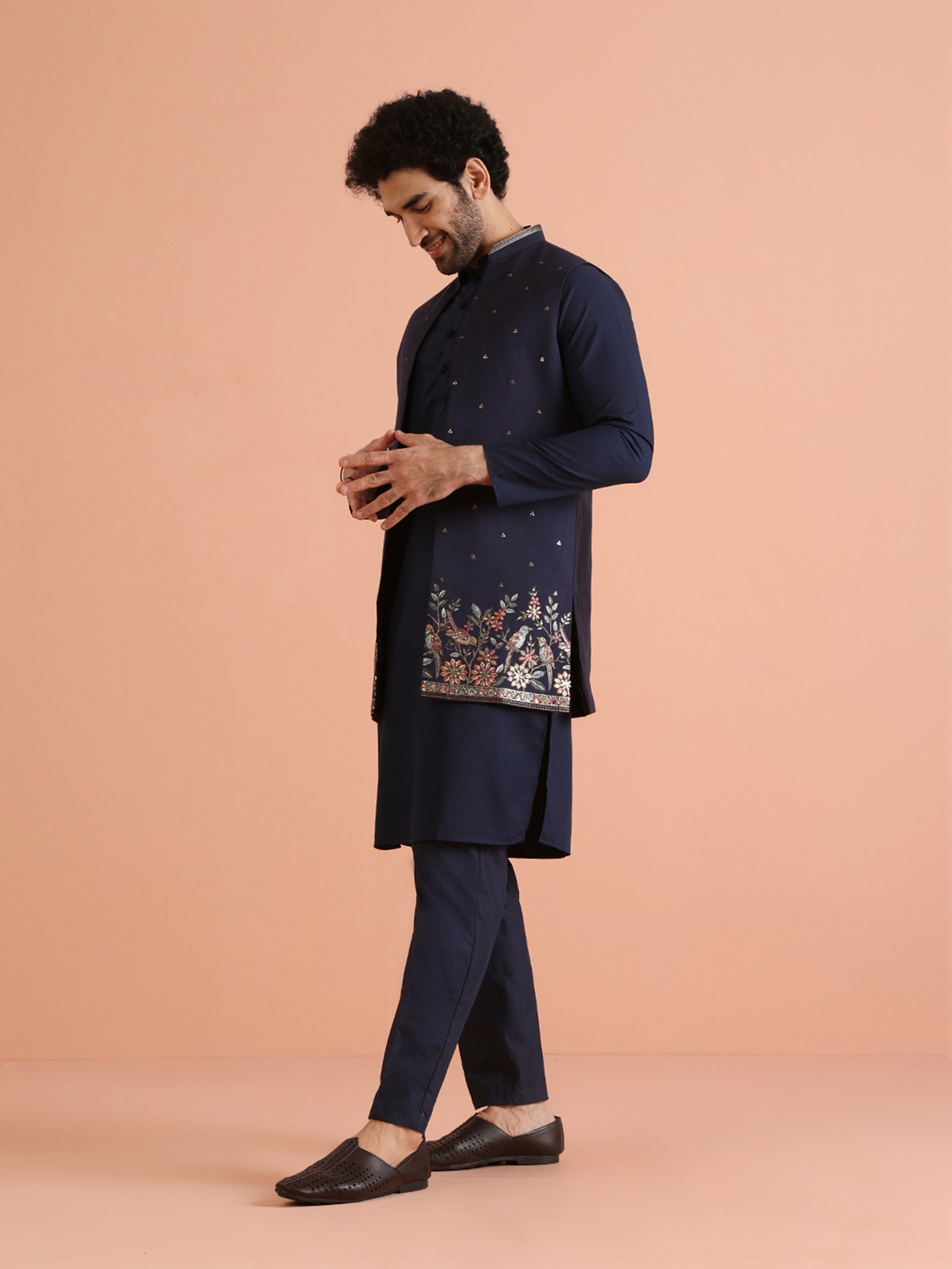 Blue Cotton Embroidered Kurta Front Open Jacket Trouser Set