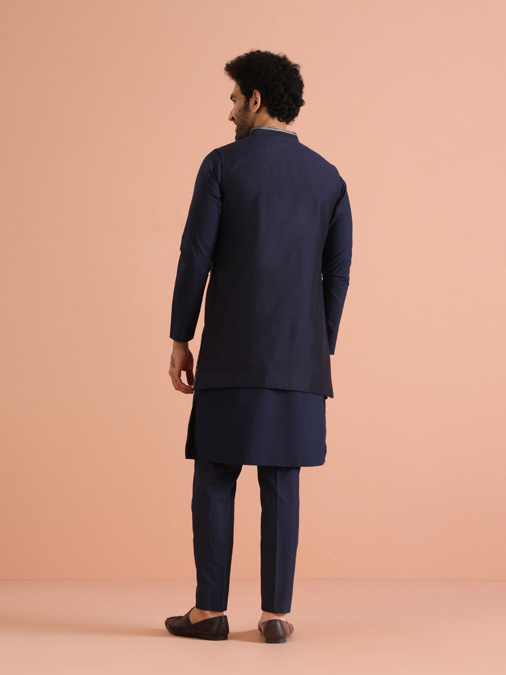 Blue Cotton Embroidered Kurta Front Open Jacket Trouser Set