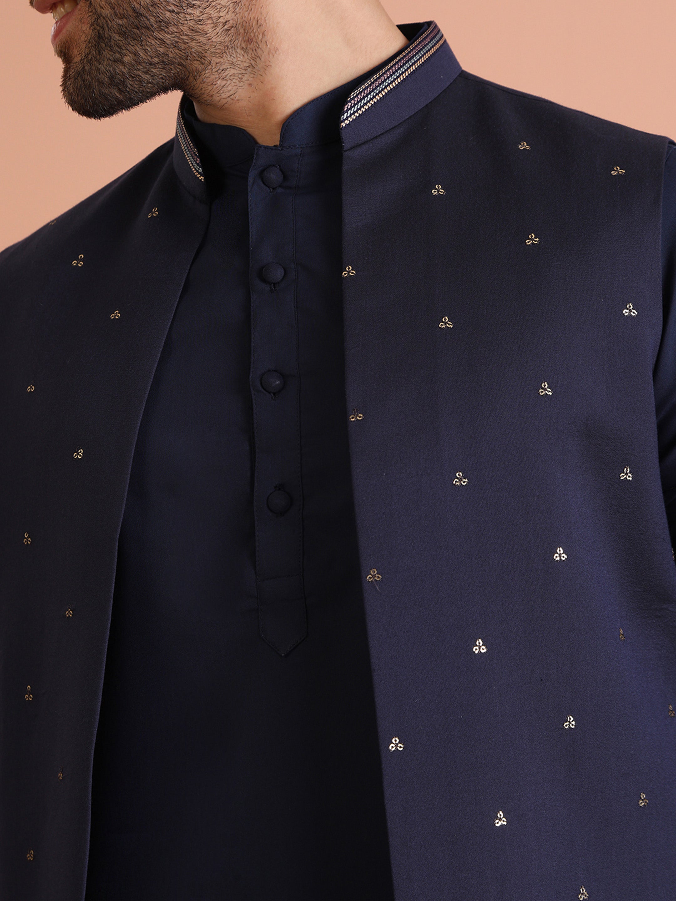 Blue Cotton Embroidered Kurta Front Open Jacket Trouser Set