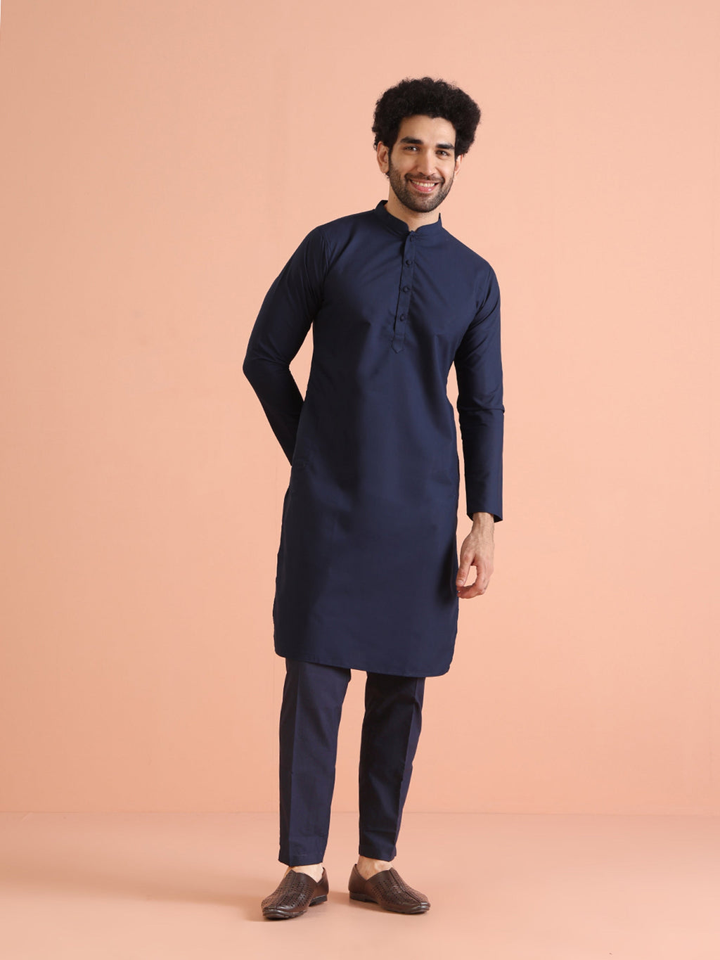 Blue Cotton Embroidered Kurta Front Open Jacket Trouser Set