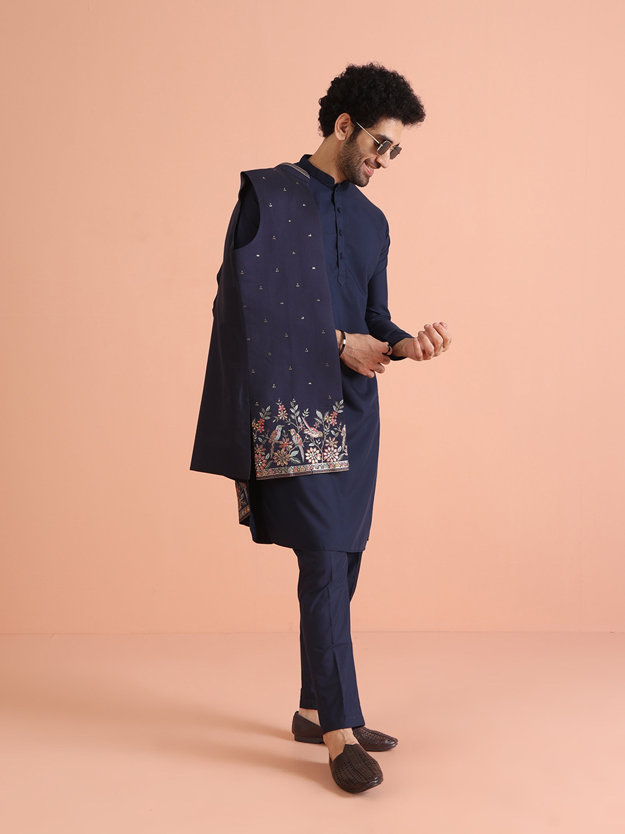 Blue Cotton Embroidered Kurta Front Open Jacket Trouser Set