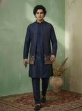 Blue Cotton Embroidered Kurta Front Open Jacket Trouser Set