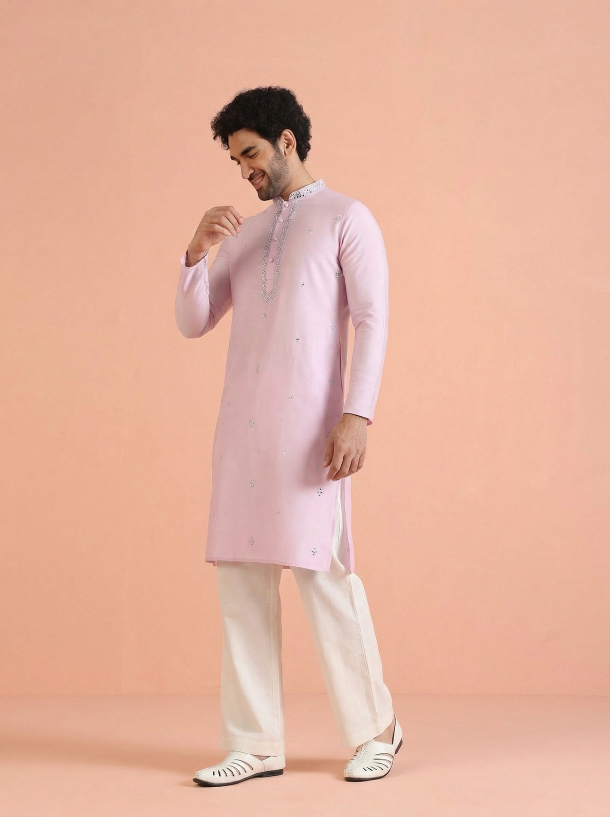 Lavender Cotton Blend Embroidered Kurta Wide Leg Trouser Set