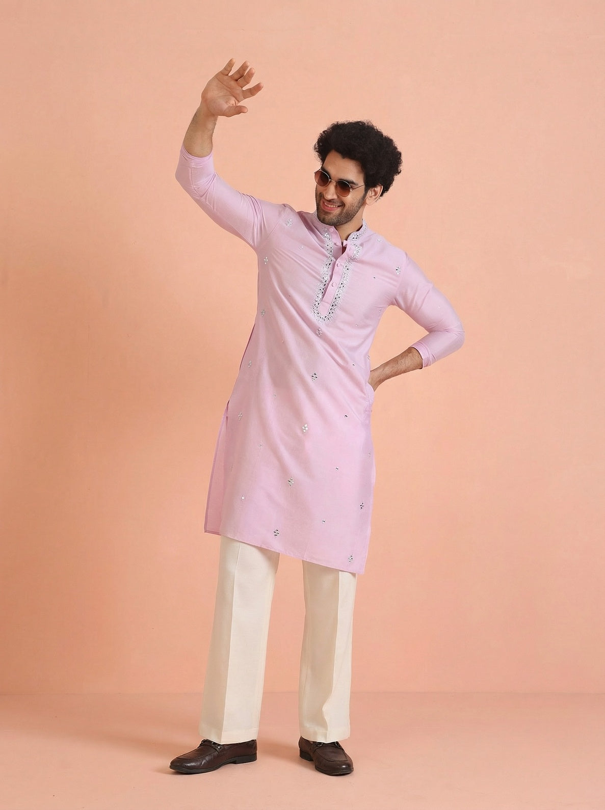Lavender Cotton Blend Embroidered Kurta Wide Leg Trouser Set