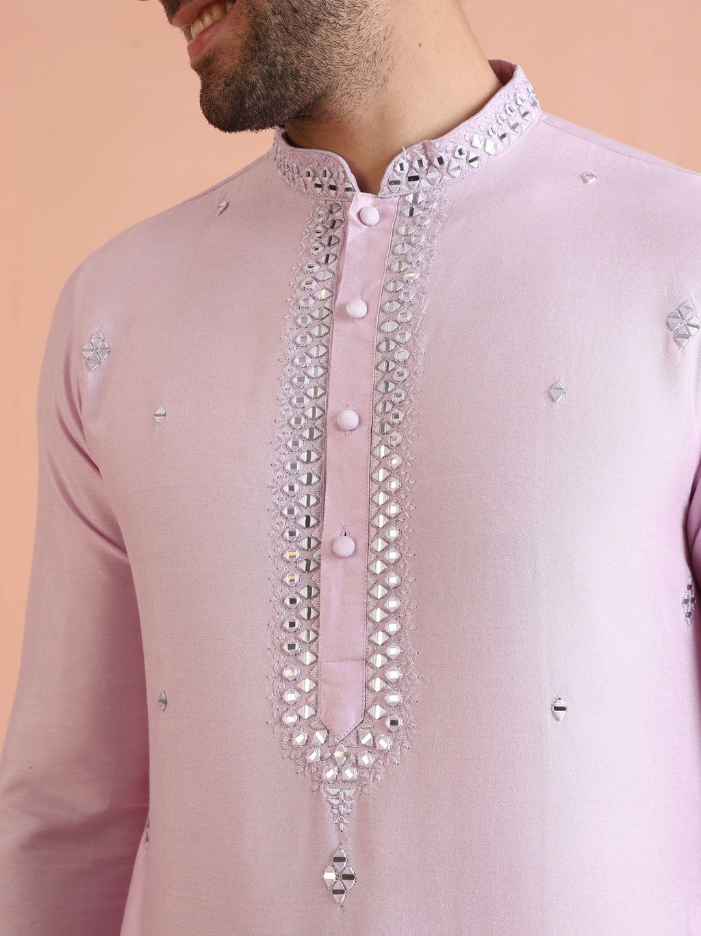 Lavender Cotton Blend Embroidered Kurta Wide Leg Trouser Set