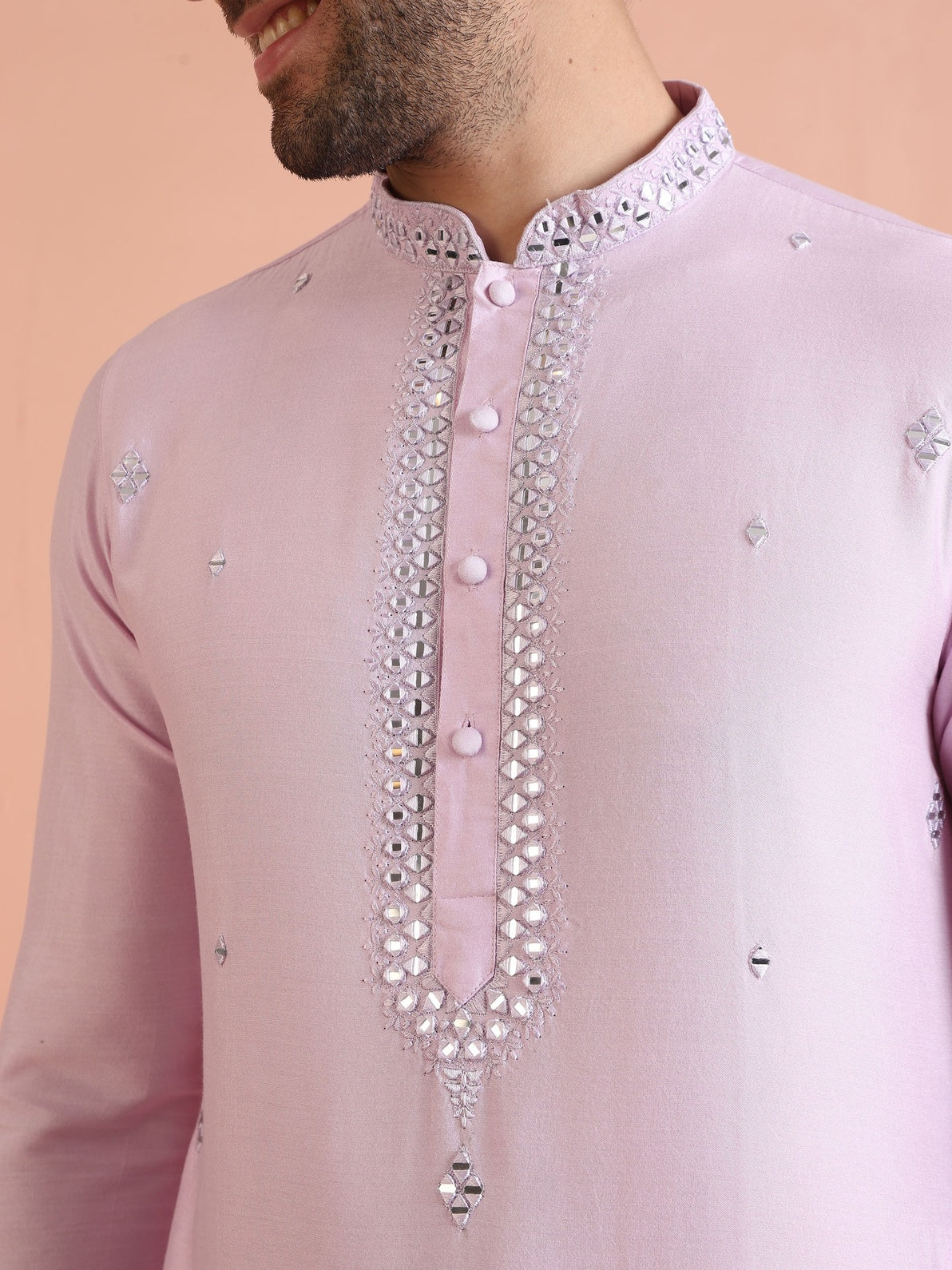 Lavender Cotton Blend Embroidered Kurta Wide Leg Trouser Set